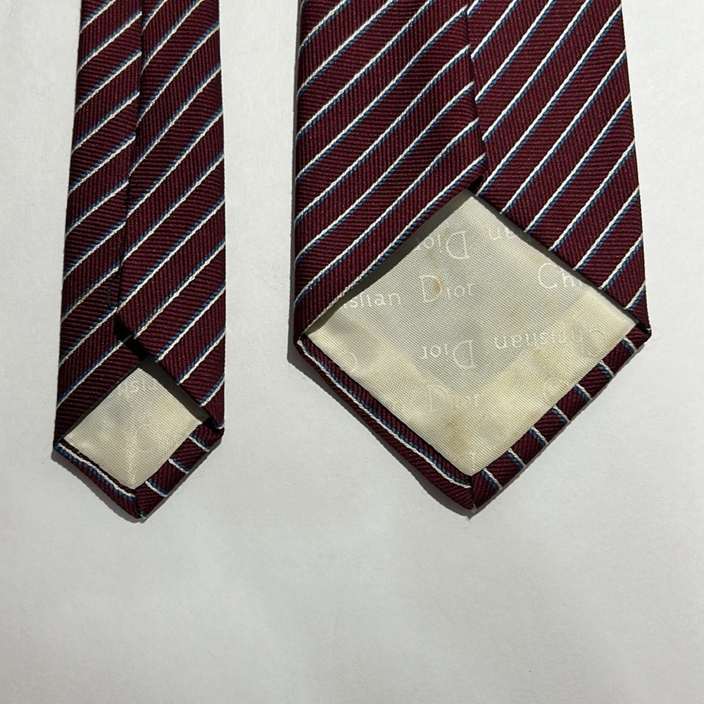 Christian Dior Burgundy, blue and White repp polyester/Silk Tie with Stripes - Picture 3 of 5